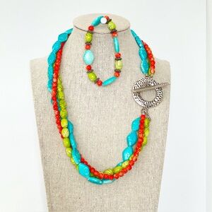 Premier Designs Southwest Beaded Necklace & Bracelet Set Turquoise Coral Lime